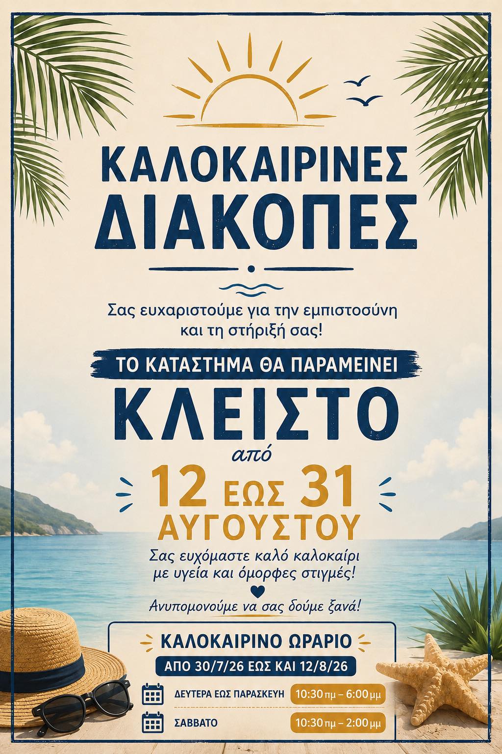 Καλοκαιρινές διακοπές — κλειστά από 12 έως 31 Αυγούστου